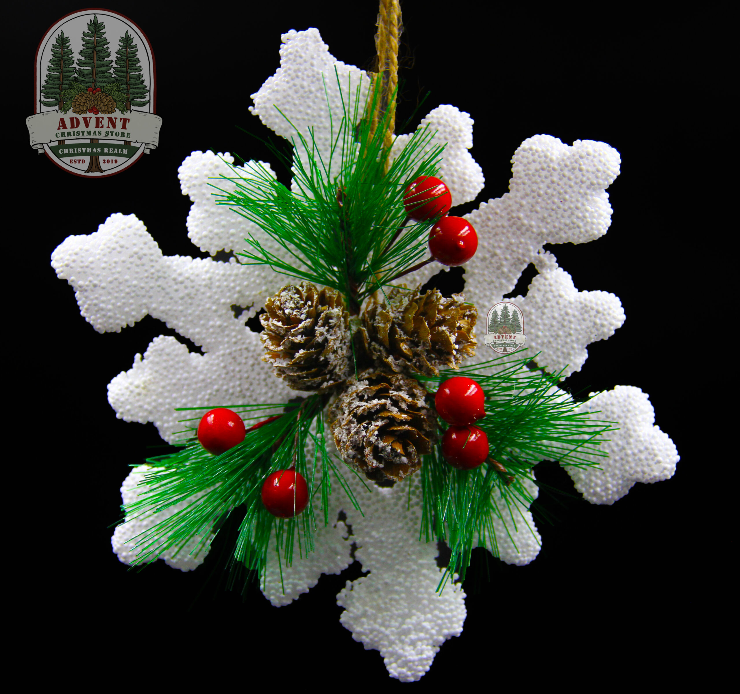 Foam snowflake hanging with pine & berries