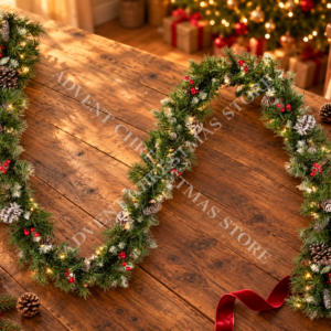 Frosted Christmas garland with lights on farmhouse table