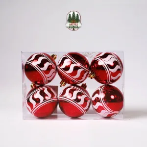 RED & WHITE SHINY PAINTED BAUBLES [ PACK OF 6]