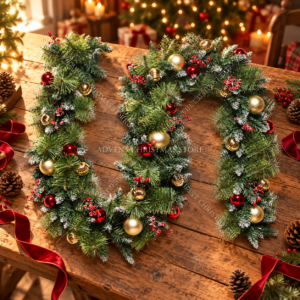 Evergreen Christmas garland displayed on rustic table