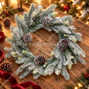 Snowy Christmas wreath with pinecones on a wooden table