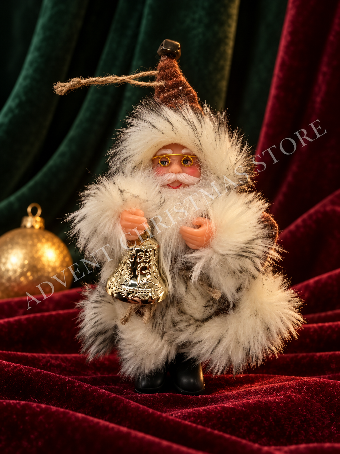 Velvet Santa Ornament with Golden Bell Santa Christmas ornament with golden bell